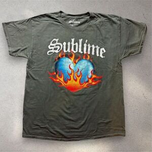 Sublime Flaming Blue Heart Graphic T-Shirt Mens Charcoal Gray Size M/L Band Tee